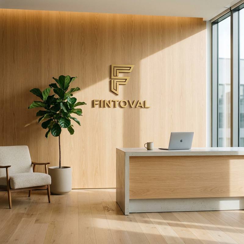 Recepção da sede da Fintoval, com painel de madeira clara exibindo o logotipo dourado da empresa, poltrona, planta e luz natural entrando pelas janelas